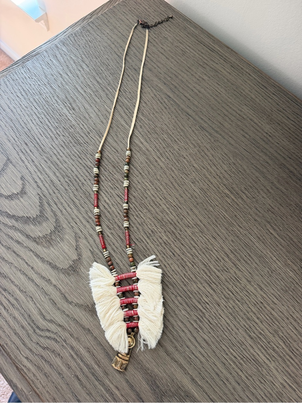 Boho Cream & Red Tassel Pendant Necklace